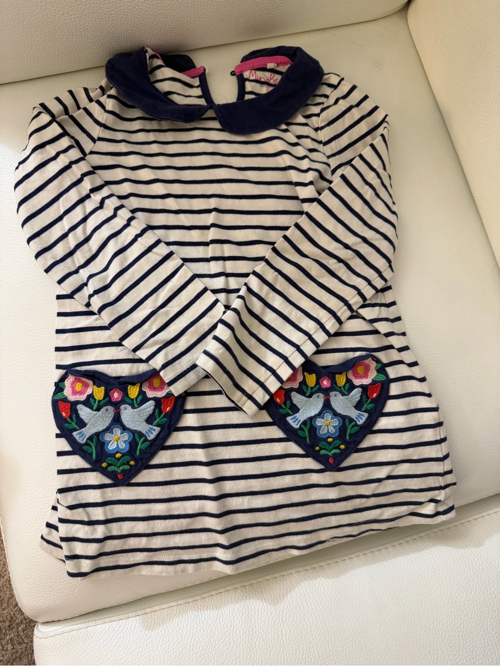Mini Boden Navy & White Striped Dress with Embroidered Heart Pockets